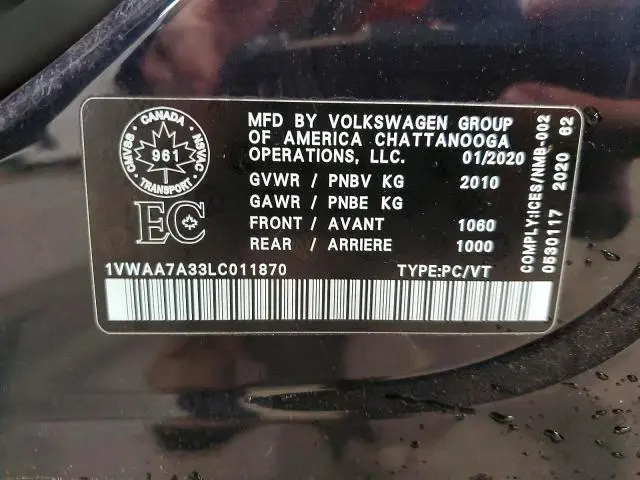 2020 VOLKSWAGEN PASSAT S  
