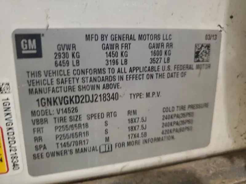 2013 CHEVROLET TRAVERSE LT  