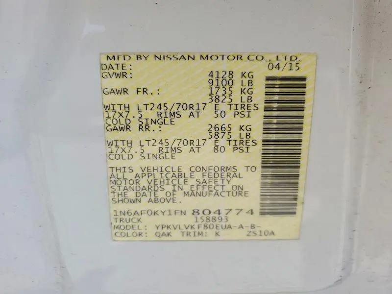 2015 NISSAN NV 2500 HD SL  