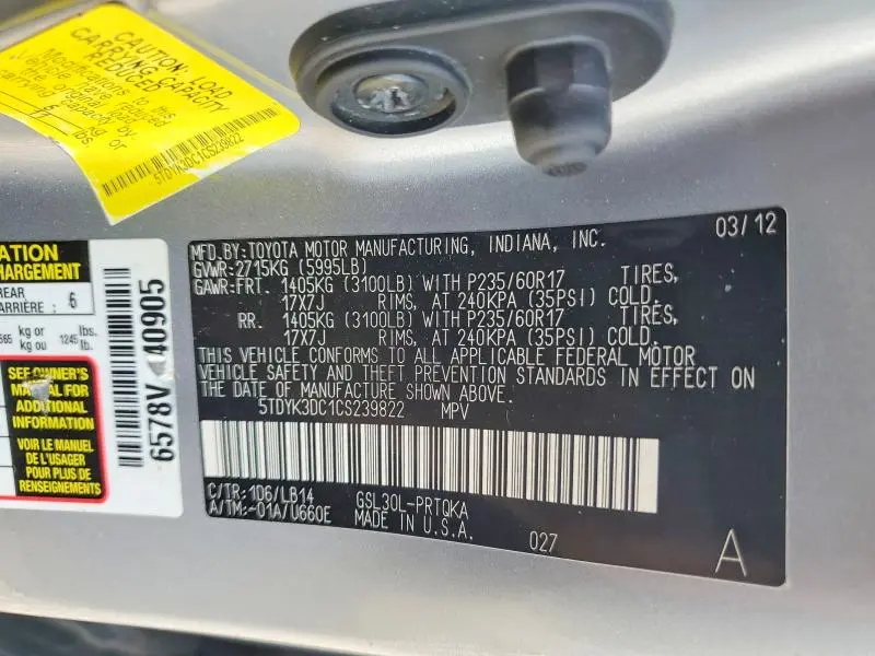 2012 TOYOTA SIENNA XLE 8-PASSENGER  