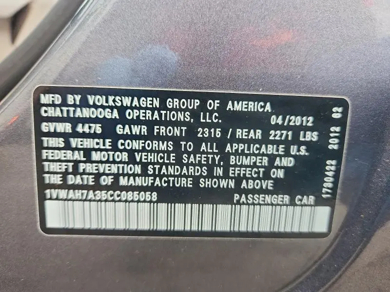 2012 VOLKSWAGEN PASSAT S  