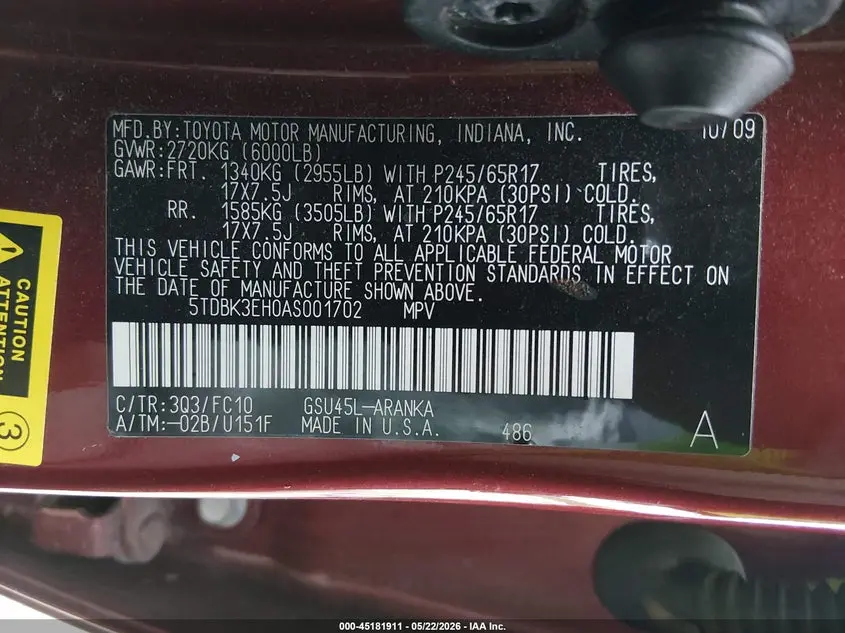 2010 TOYOTA HIGHLANDER BASE V6