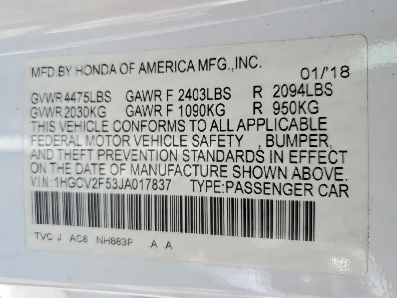 2018 HONDA ACCORD EXL  