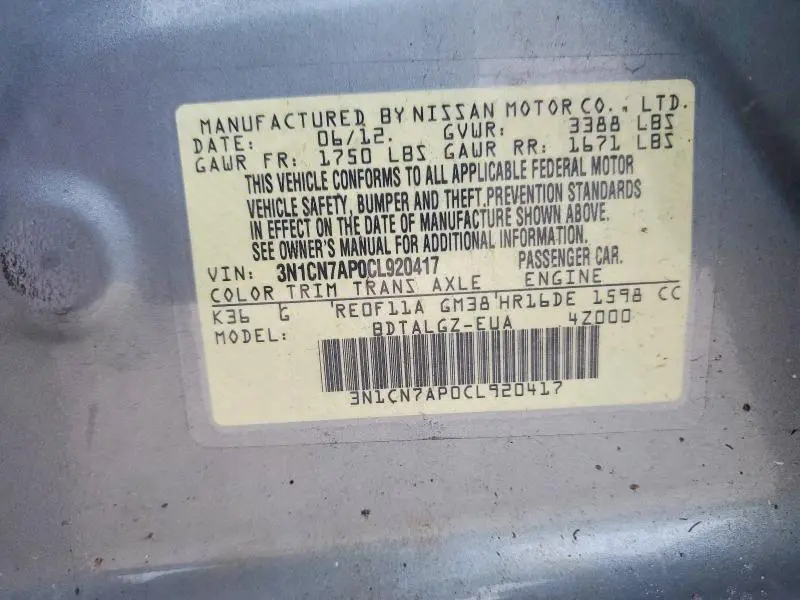 2012 NISSAN VERSA 1.6 S  