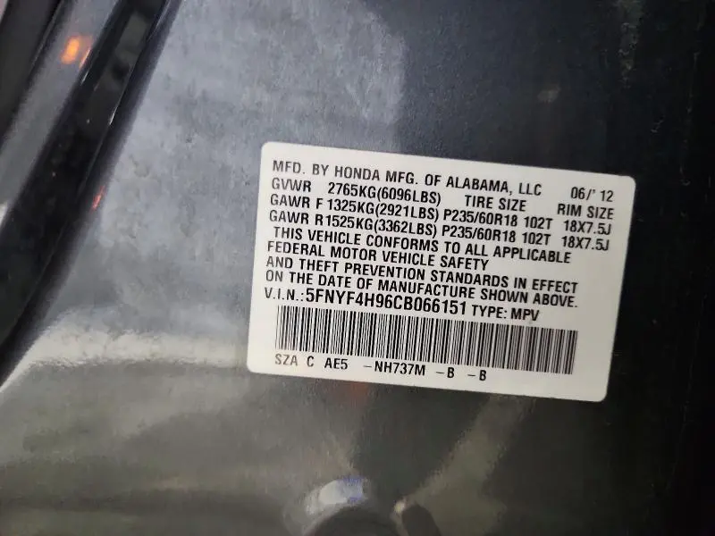 2012 HONDA PILOT TOURING  