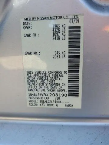 2019 NISSAN ALTIMA S  