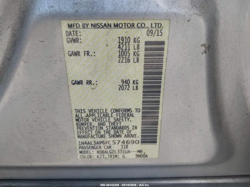 2015 NISSAN ALTIMA 2.5 S