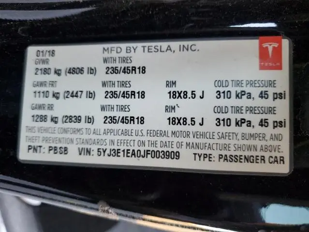 2018 TESLA MODEL 3   