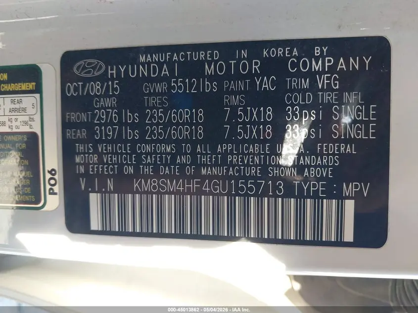 2016 HYUNDAI SANTA FE SE