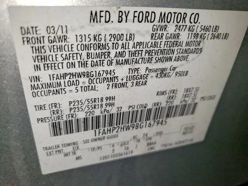 2011 FORD TAURUS SEL  