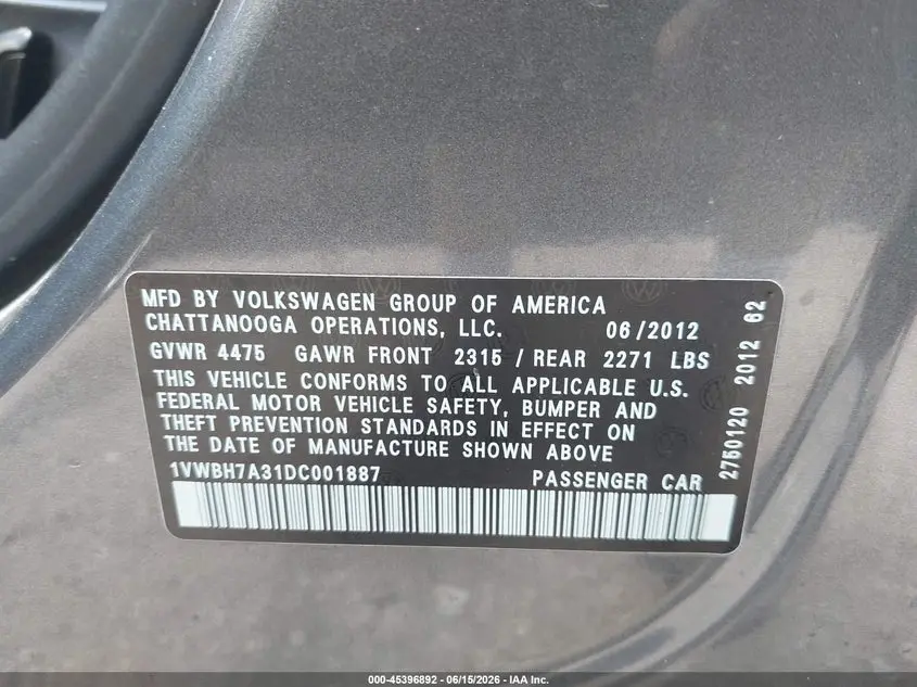 2013 VOLKSWAGEN PASSAT 2.5L SE