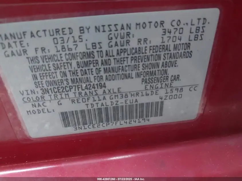 2015 NISSAN VERSA NOTE SV