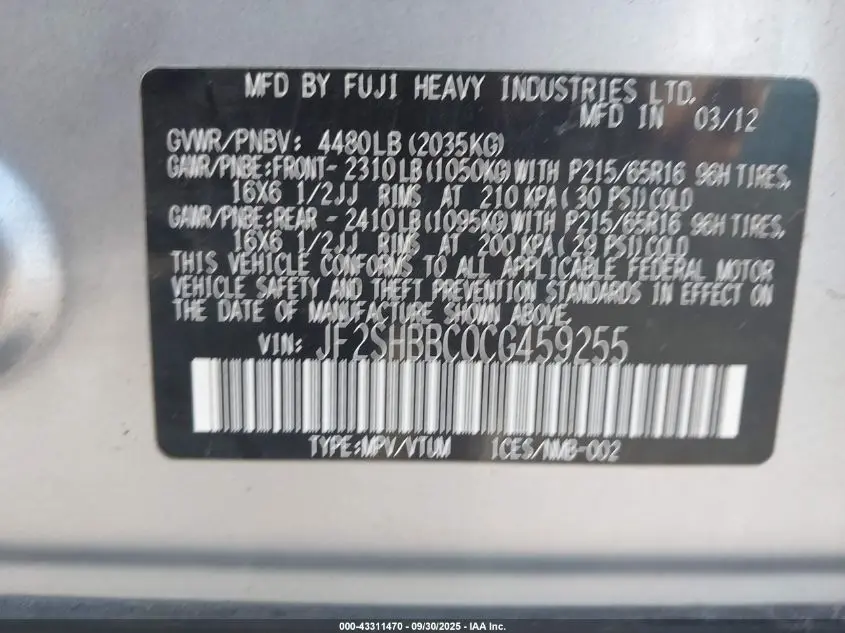 2012 SUBARU FORESTER 2.5X