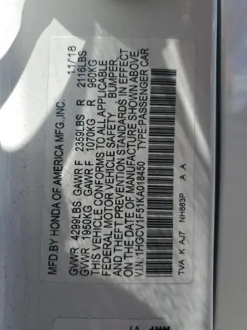 2019 HONDA ACCORD EXL  