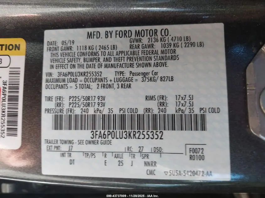 2019 FORD FUSION HYBRID SE