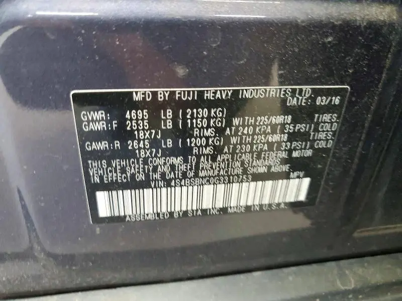 2016 SUBARU OUTBACK 2.5I LIMITED  