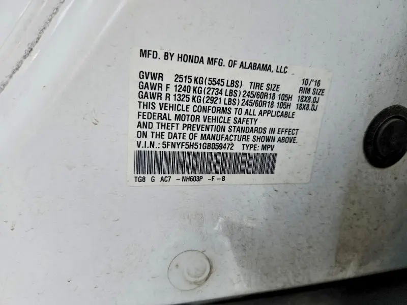 2016 HONDA PILOT EXL  