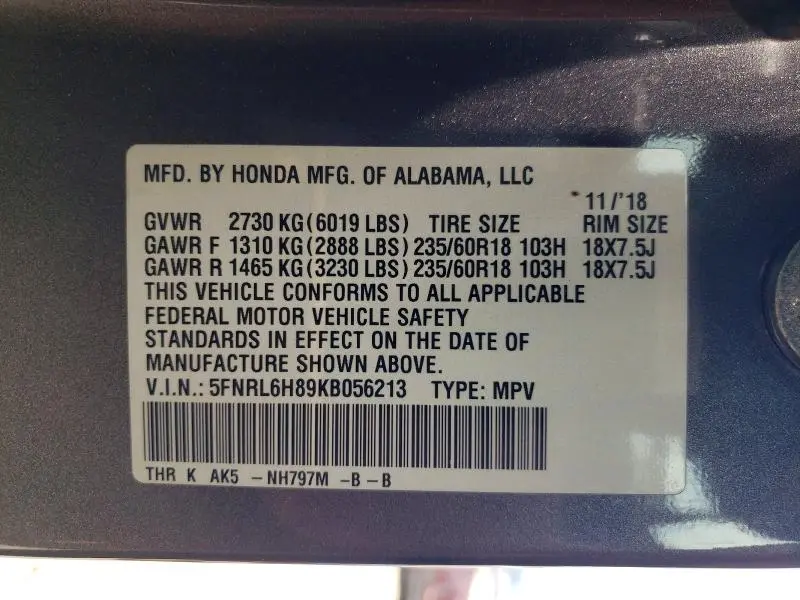 2019 HONDA ODYSSEY TOURING  