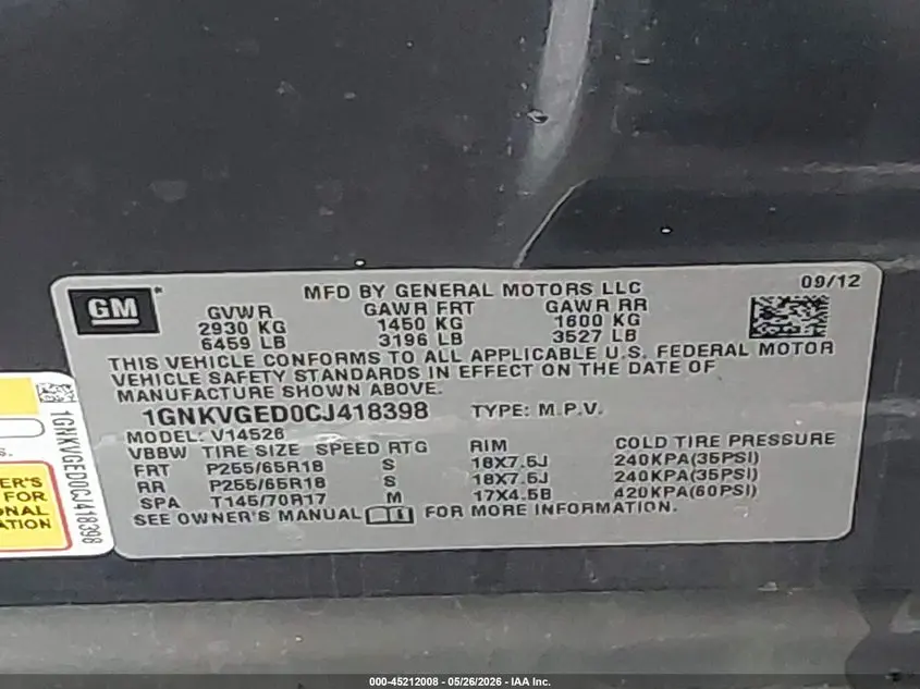 2012 CHEVROLET TRAVERSE 1LT