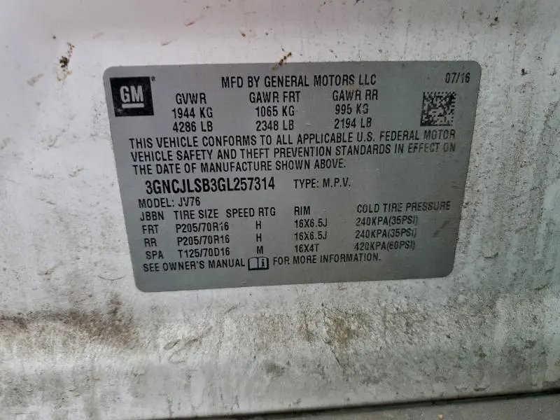 2016 CHEVROLET TRAX 1LT  