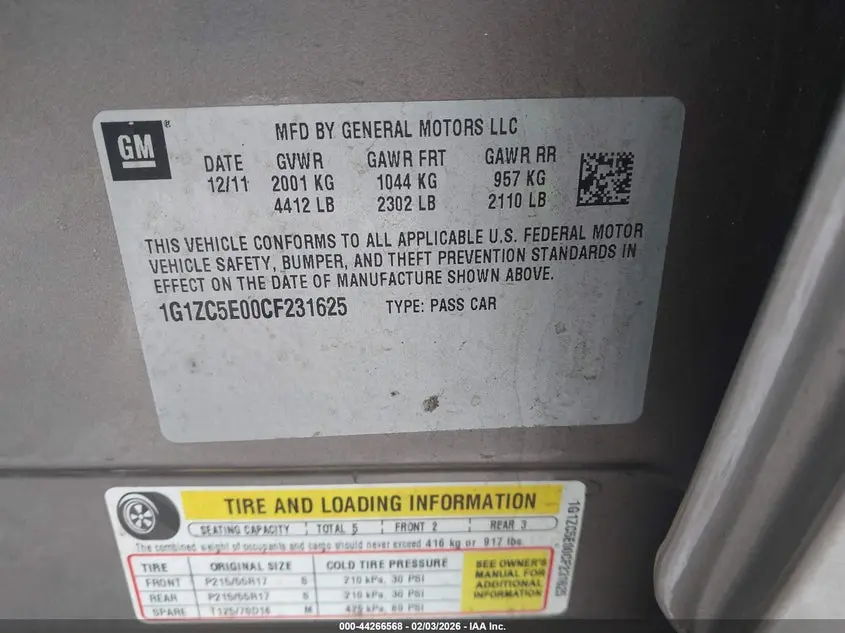 2012 CHEVROLET MALIBU 1LT