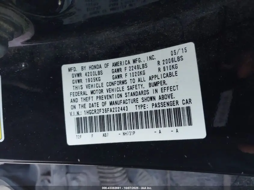 2015 HONDA ACCORD LX