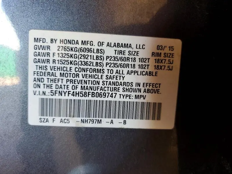 2015 HONDA PILOT EXL  