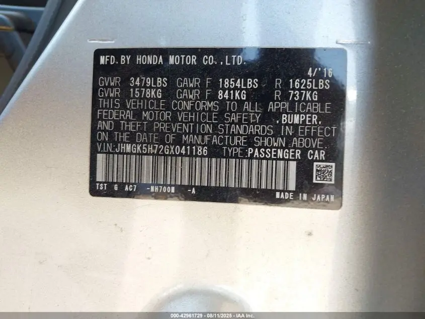2016 HONDA FIT EX