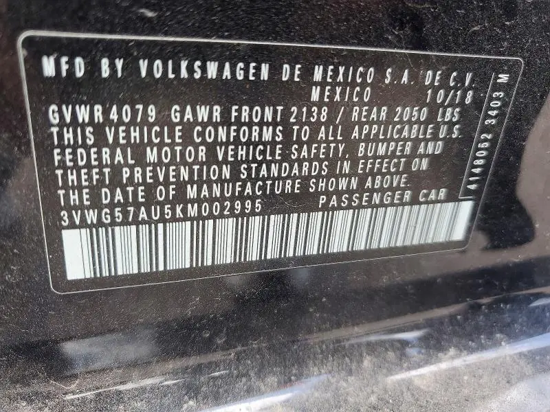 2019 VOLKSWAGEN GOLF S  