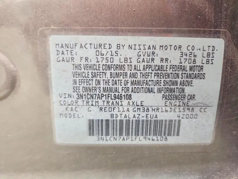 2015 NISSAN VERSA 1.6 S PLUS  