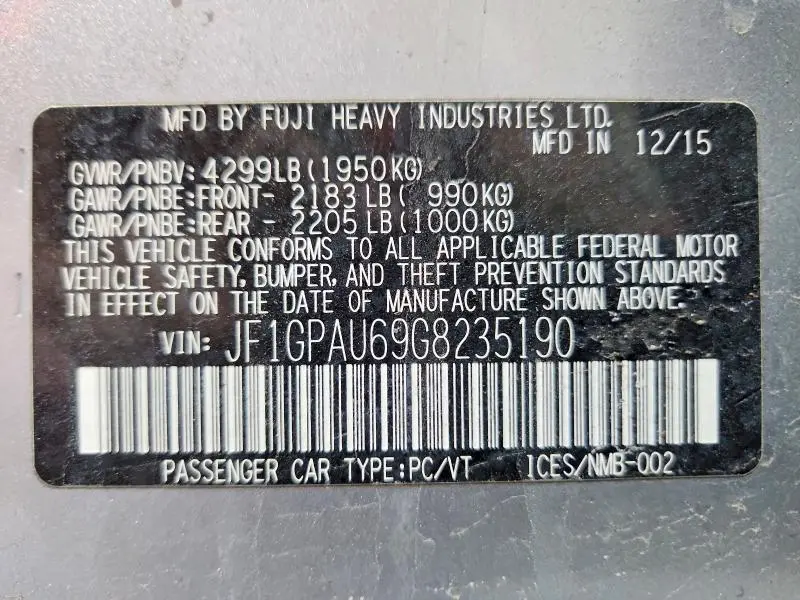 2016 SUBARU IMPREZA SPORT LIMITED  