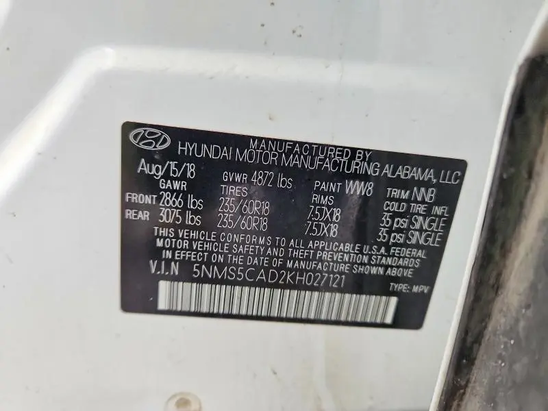 2019 HYUNDAI SANTA FE LIMITED 2.4L  