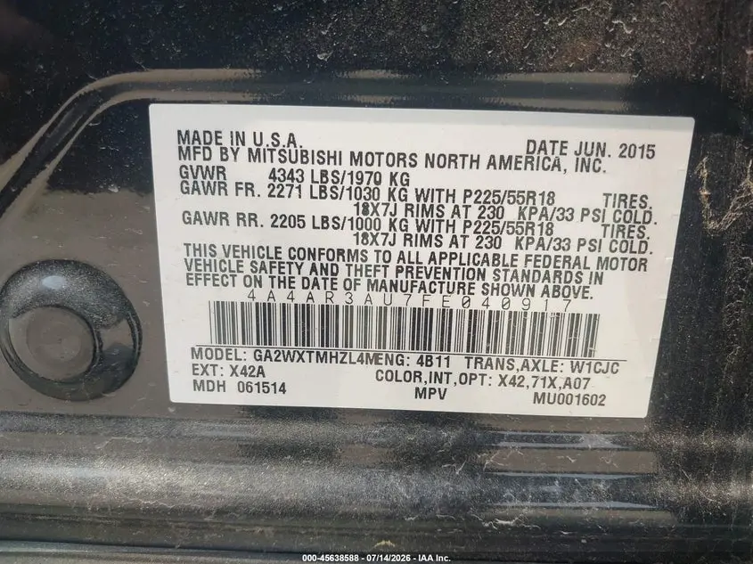 2015 MITSUBISHI OUTLANDER SPORT ES