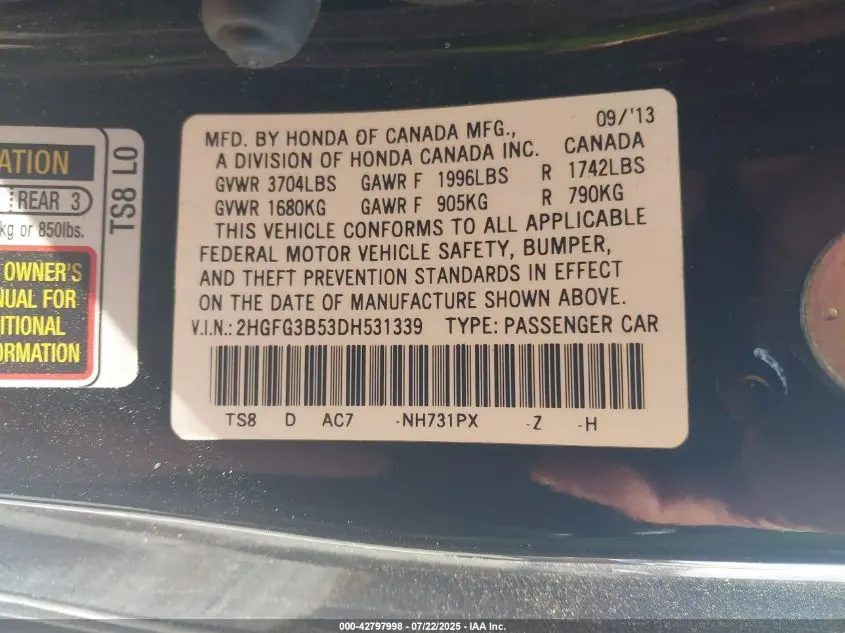 2013 HONDA CIVIC LX