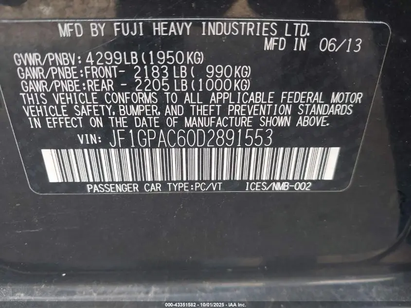 2013 SUBARU IMPREZA 2.0I PREMIUM