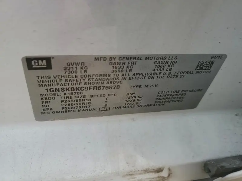 2015 CHEVROLET TAHOE K1500 LT  