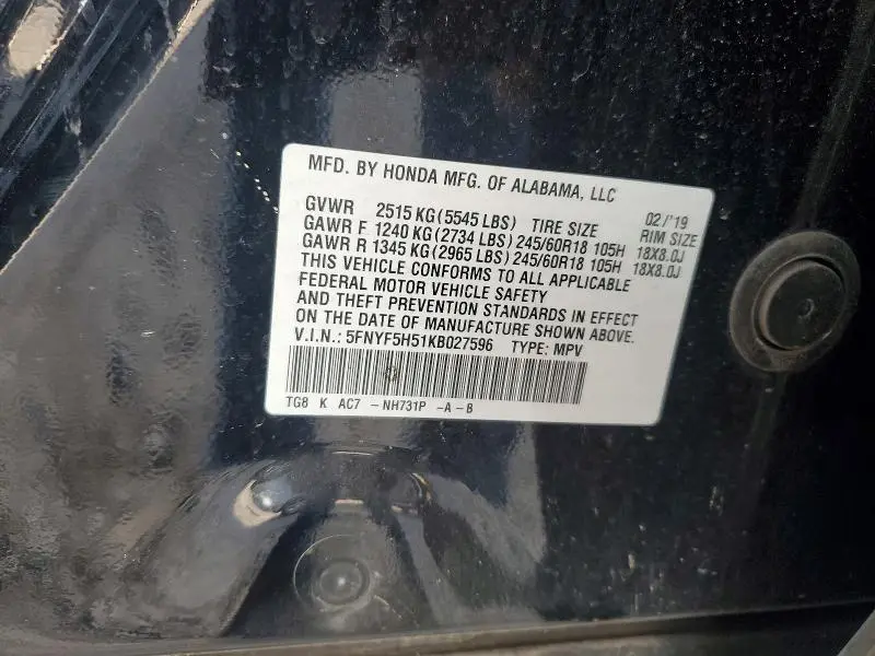 2019 HONDA PILOT EXL  