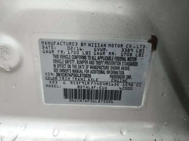 2016 NISSAN VERSA S  