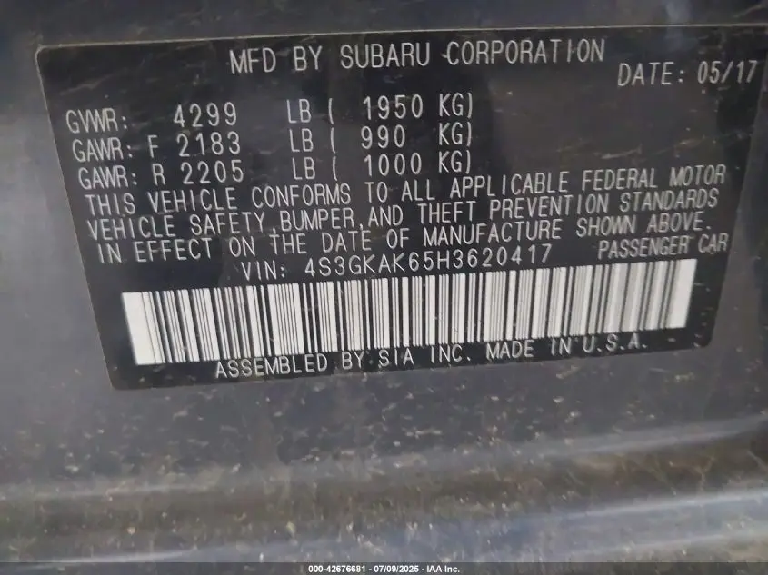 2017 SUBARU IMPREZA 2.0I SPORT