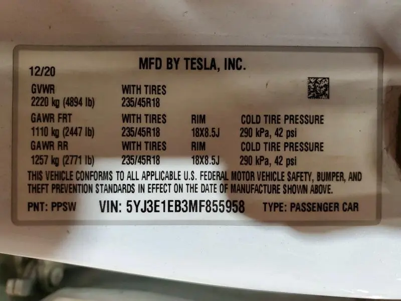 2021 TESLA MODEL 3   