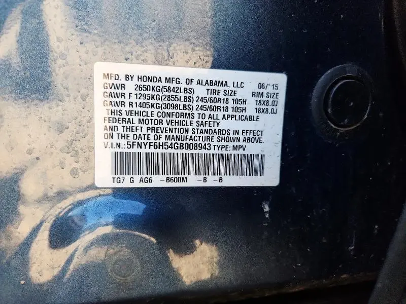2016 HONDA PILOT EXL  