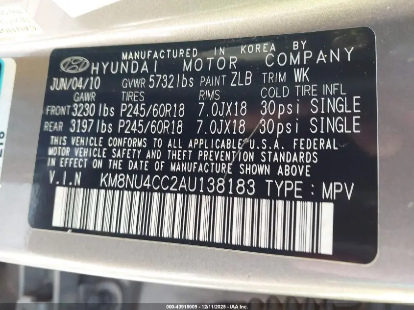 2010 HYUNDAI VERACRUZ LIMITED