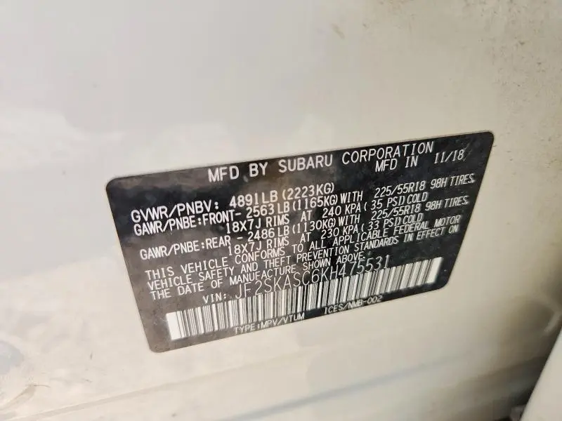 2019 SUBARU FORESTER LIMITED  