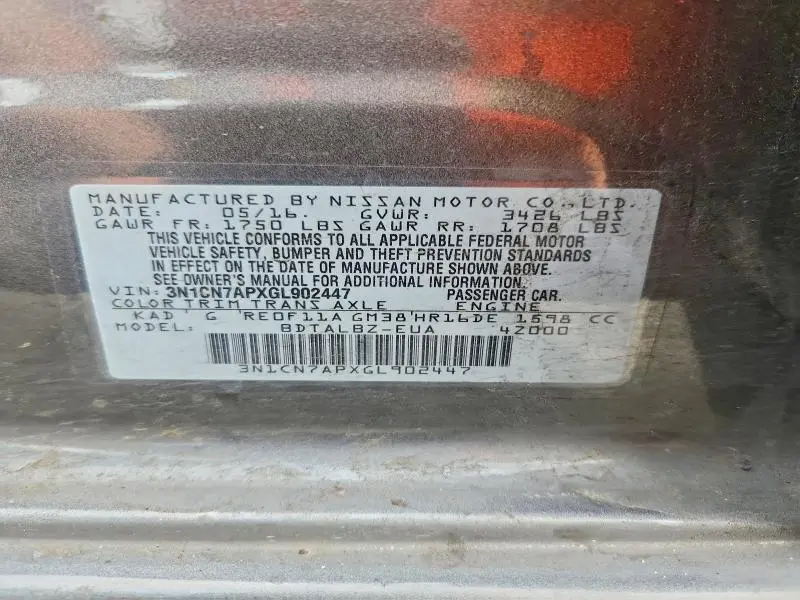 2016 NISSAN VERSA 1.6 SV  
