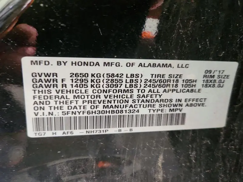 2017 HONDA PILOT EX  
