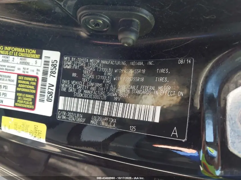 2014 TOYOTA SIENNA XLE 7 PASSENGER