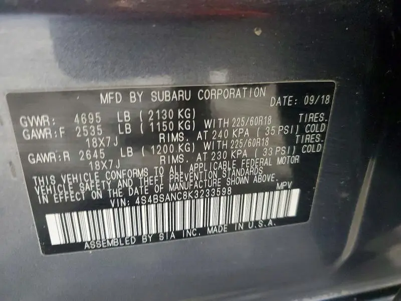 2019 SUBARU OUTBACK 2.5I LIMITED  