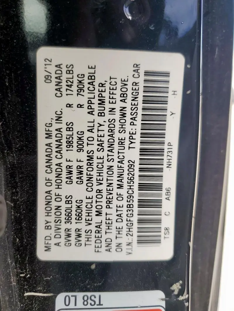 2012 HONDA CIVIC LX  