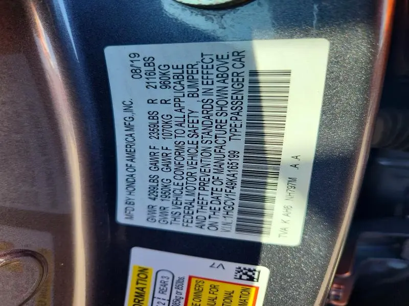 2019 HONDA ACCORD EX  