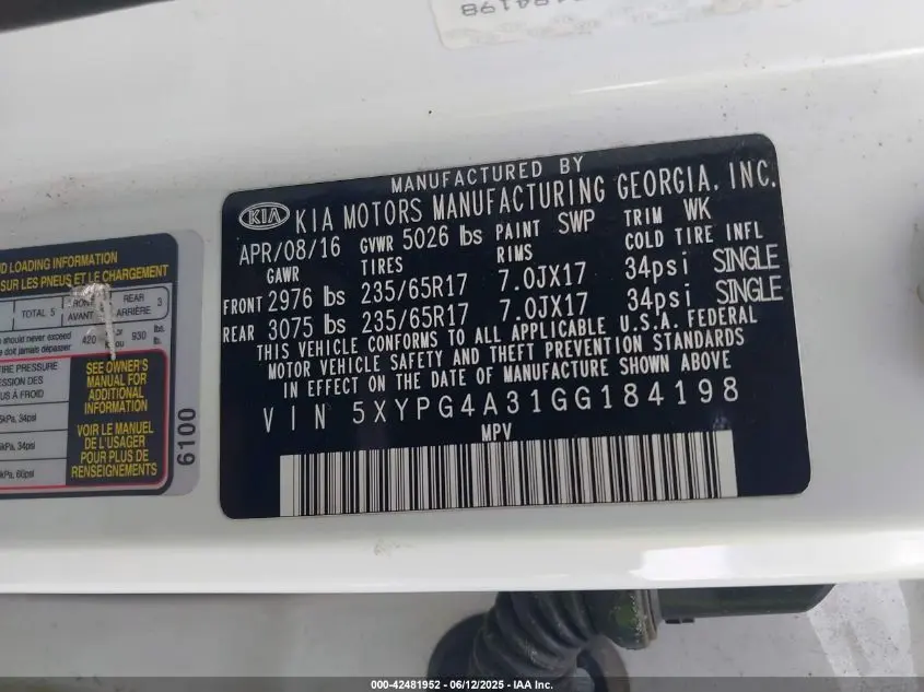 2016 KIA SORENTO 2.4L LX